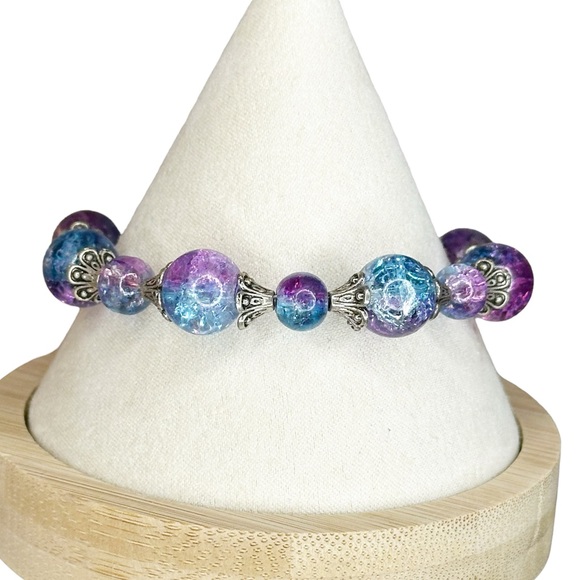 NEW Mermaid Bubbles Blue & Purple Crackle Glass Beaded Bracelet - Picture 1 of 6